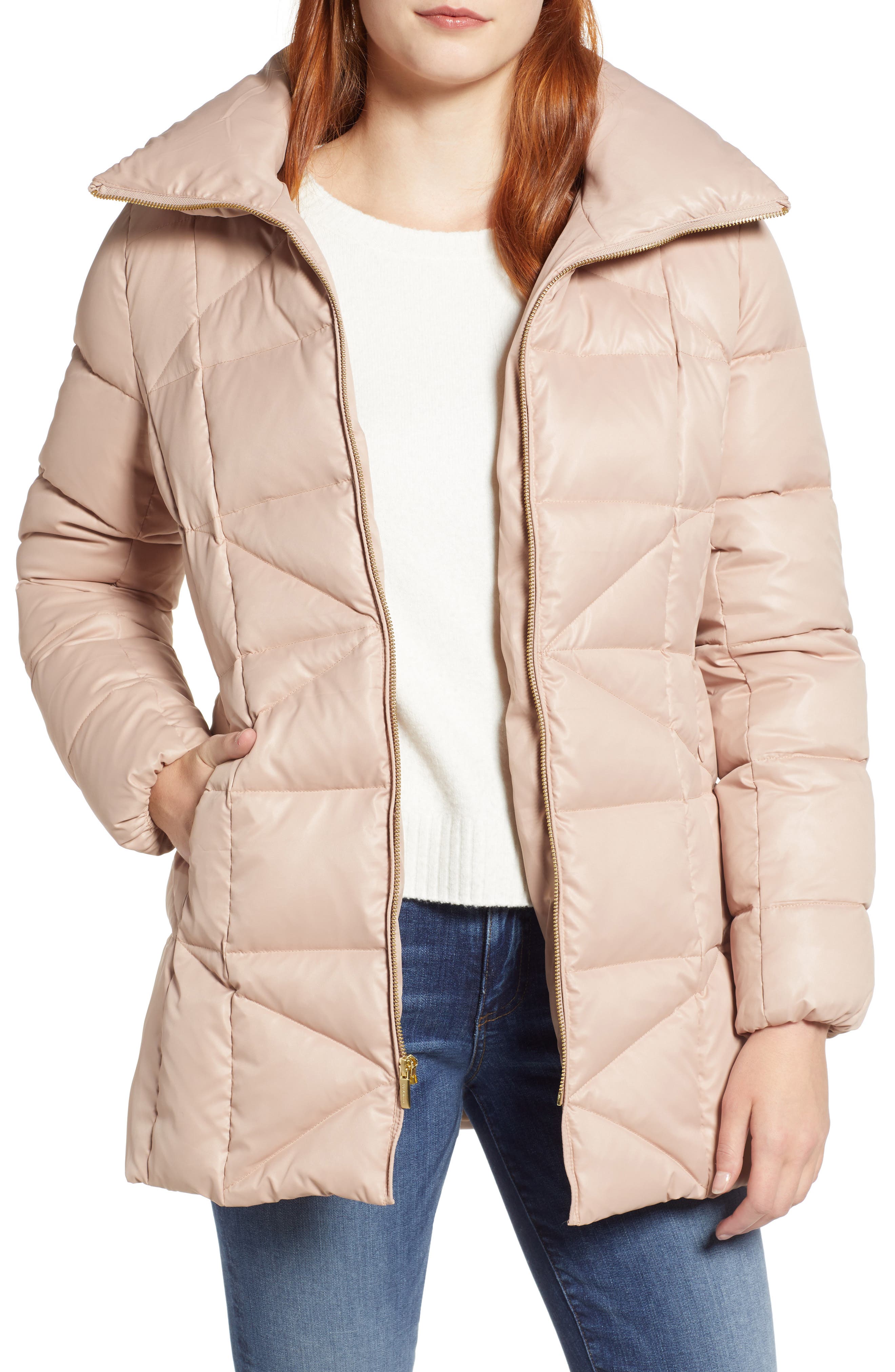 Cole Haan womens Sateen Faux Down Belted Coat